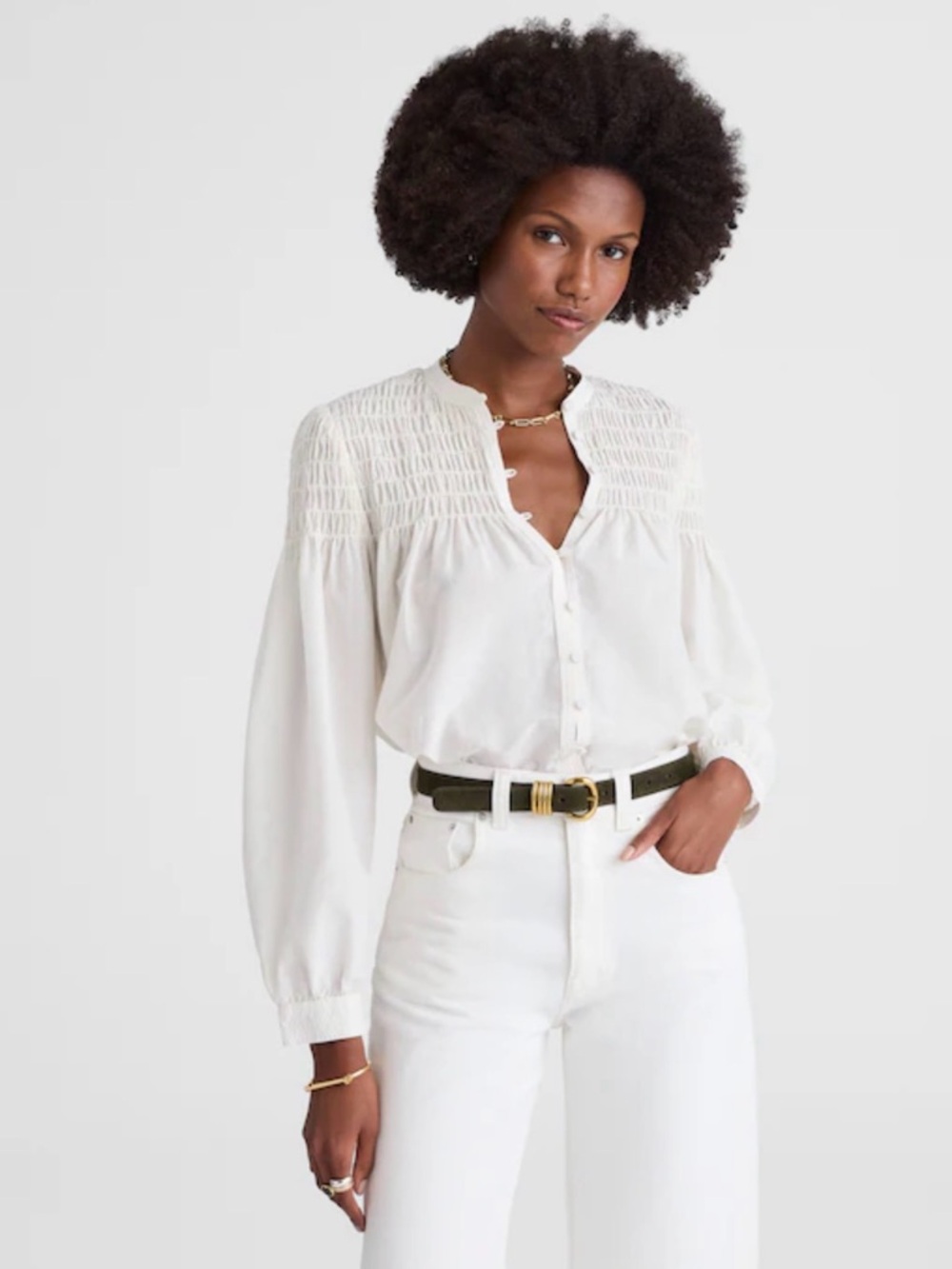 Madewell Smocked Button-Front Blouse - ivory